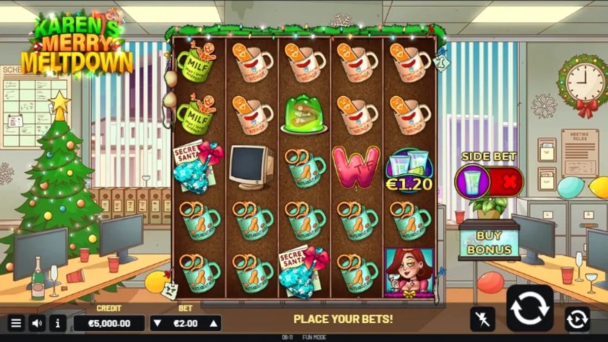 Tampilan antarmuka mobile slot Karen’s Merry Meltdown dengan tema pesta kantor yang kacau.